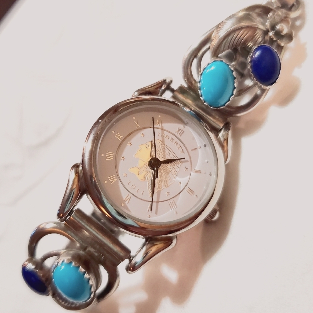 Sterling Silver Turquoise Southwest 1911 Liberty Coin Bracelet Watch C. Pollack